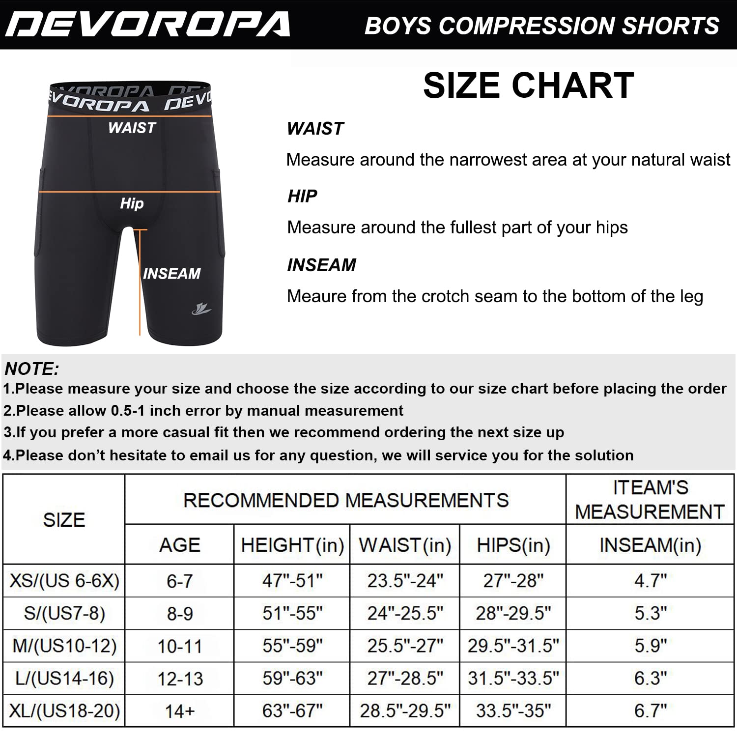 DEVOROPA Youth Boys' Compression Shorts Performance Athletic Base Layers Workout Training Underwear Side Pocket Black/Black M (Pack of 2)