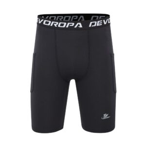 DEVOROPA Youth Boys' Compression Shorts Performance Athletic Base Layers Workout Training Underwear Side Pocket Black/Black M (Pack of 2)