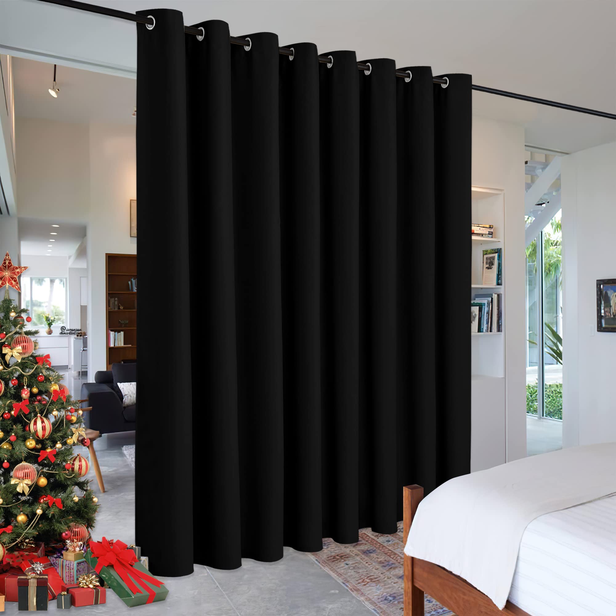 RYB HOME Extra Wide Long Curtain Privacy Office Space Divider Wall Panel, Portable Grommet Room Divider Curtain for Patio Sliding Glass Door Pool House, 9 ft Tall x 15 ft Wide, Black, 1 Pack