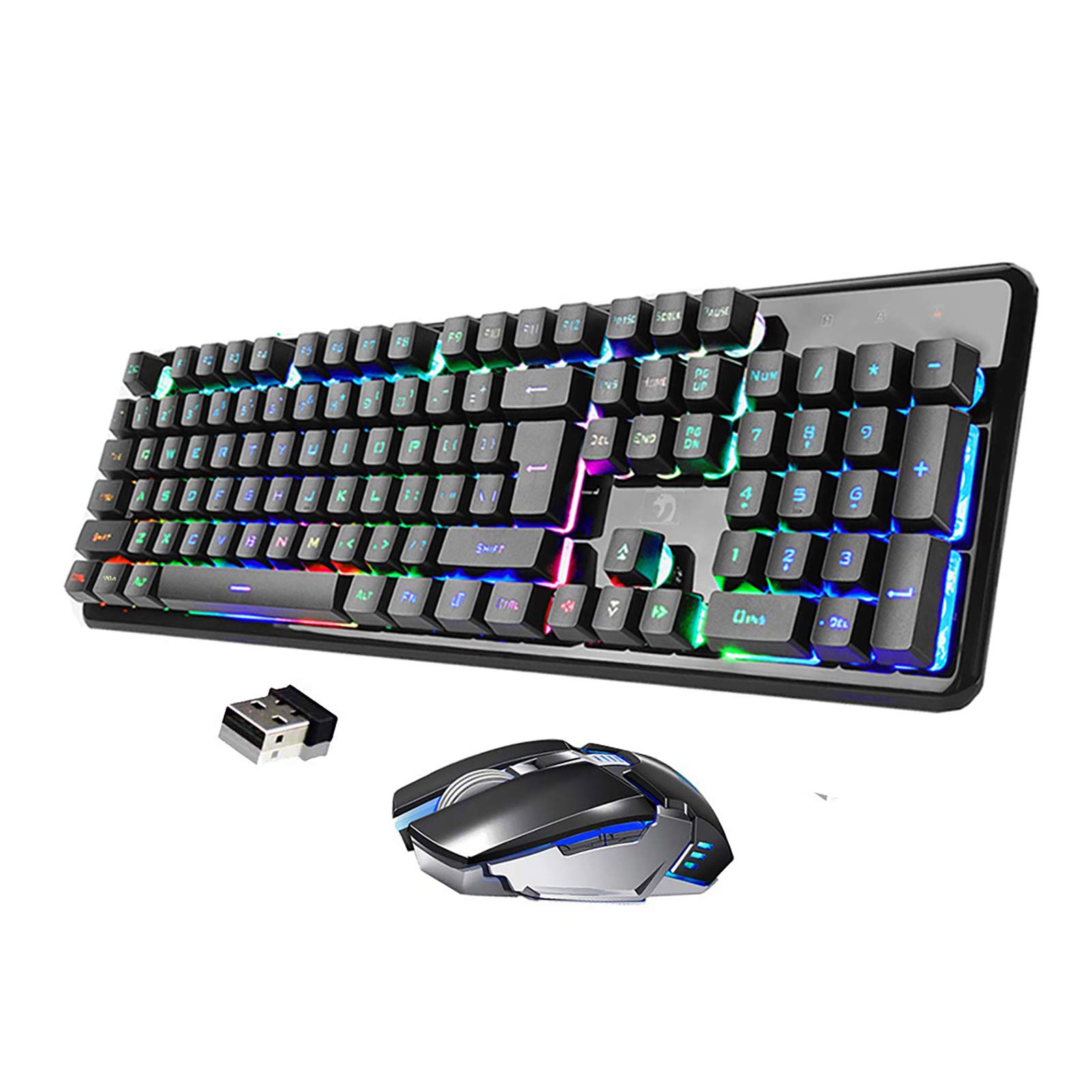 Wireless Rechargeable Backlit Keyboard and Mouse Combo,Soke-Six 2.4G Full-Size Mechanical Feel Gaming Keyboards with USB 2400DPl Mice,Adjustable Breathing Lamp,Anti-Ghosting (Black& Mix Light)