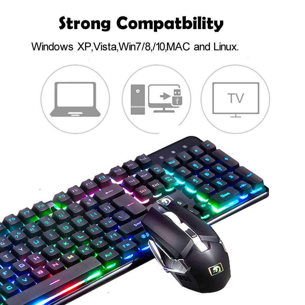 Wireless Rechargeable Backlit Keyboard and Mouse Combo,Soke-Six 2.4G Full-Size Mechanical Feel Gaming Keyboards with USB 2400DPl Mice,Adjustable Breathing Lamp,Anti-Ghosting (Black& Mix Light)