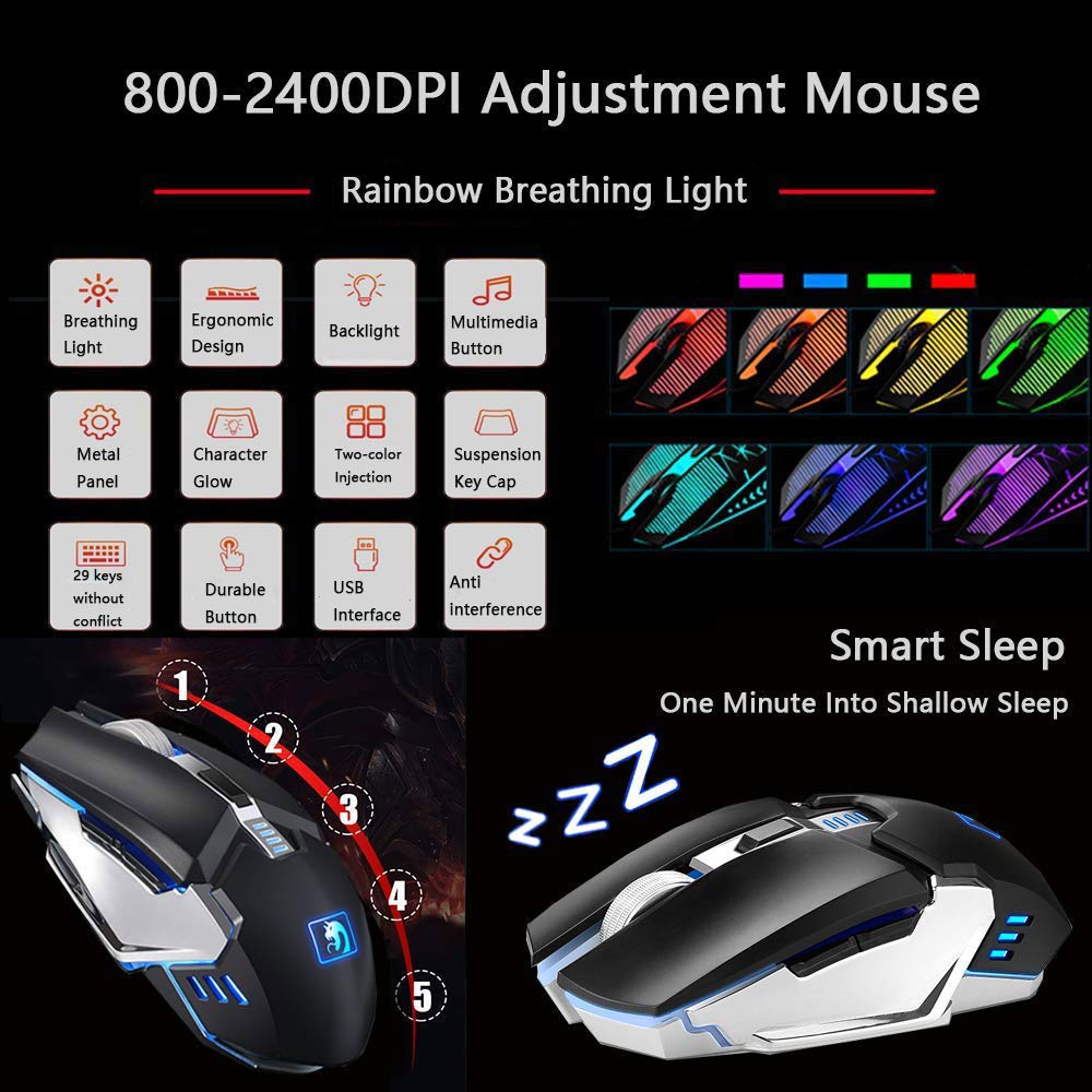 Wireless Rechargeable Backlit Keyboard and Mouse Combo,Soke-Six 2.4G Full-Size Mechanical Feel Gaming Keyboards with USB 2400DPl Mice,Adjustable Breathing Lamp,Anti-Ghosting (Black& Mix Light)