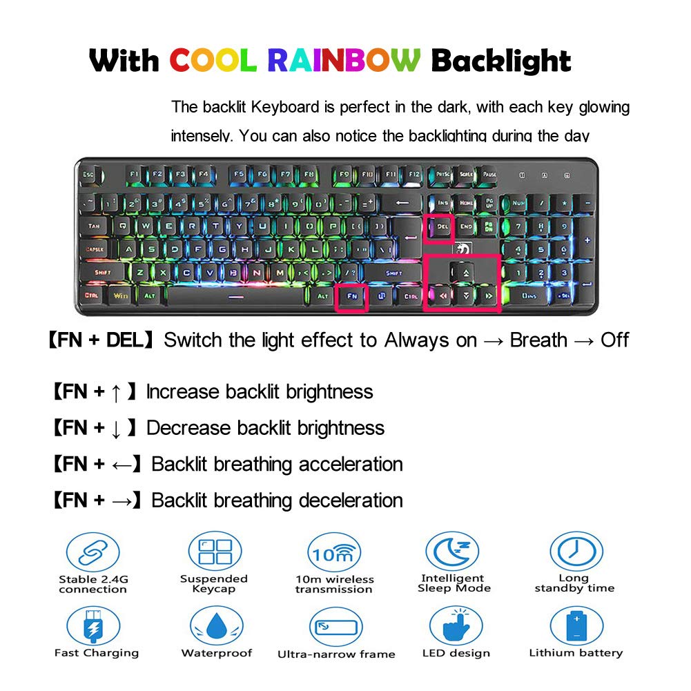 Wireless Rechargeable Backlit Keyboard and Mouse Combo,Soke-Six 2.4G Full-Size Mechanical Feel Gaming Keyboards with USB 2400DPl Mice,Adjustable Breathing Lamp,Anti-Ghosting (Black& Mix Light)