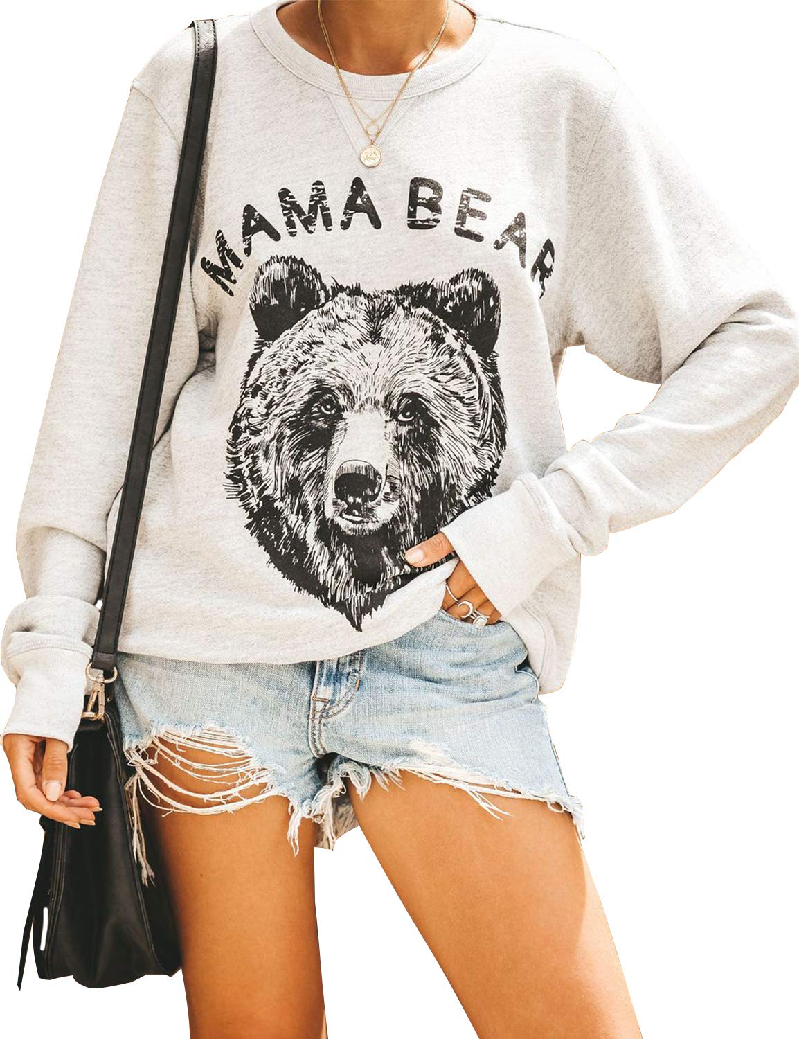 Blooming Jelly Womens Mama Bear Sweatshirt Crewneck Loose Fit Cute Long Sleeve Tops Graphic Fall Outfits Ladies Winter Clothes (Medium, Grey1)