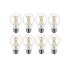 philips led flicker-free dimmable warm glow effect a19 classic glass light bulb, 800 lumen, 2200-2700k, 8w=60w, e26 base, title 20 certified, 8-pack