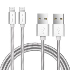 metzonic mfi certified charger for iphone [2 pack, 6feet] metal braided usb cable with insulation coated steel jacket, strong & fast charging data transfer cord