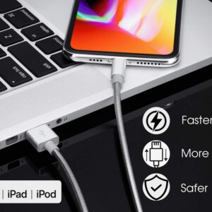 METZONIC MFi Certified Charger for iPhone [2 Pack, 6Feet] Metal Braided USB Cable with Insulation Coated Steel Jacket, Strong & Fast Charging Data Transfer Cord