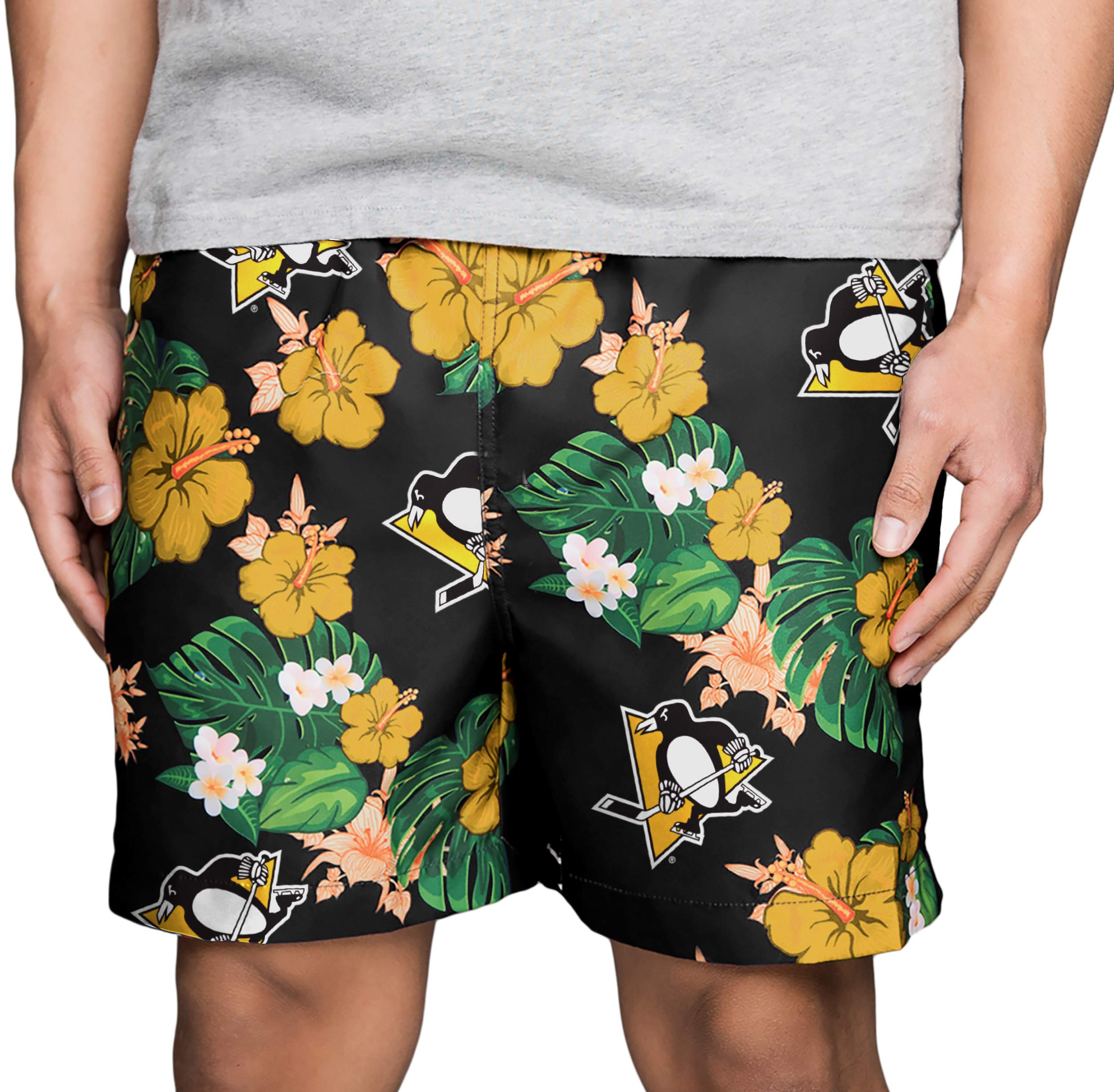 FOCO NHL Pittsburgh Penguins Mens Team Logo Floral Hawaiian Swim Suit Trunksteam Logo Floral Hawaiian Swim Suit Trunks, Team Color, L/ 31' - 33'