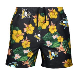 FOCO NHL Pittsburgh Penguins Mens Team Logo Floral Hawaiian Swim Suit Trunksteam Logo Floral Hawaiian Swim Suit Trunks, Team Color, L/ 31' - 33'