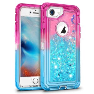 maxcury case for iphone se 2022 (3rd gen) & se case 2020 2nd, iphone 7/8 defender phone case for women, girl's bling liquid quicksand heavy duty shockproof cover for iphone 6/6s (pink/blue)