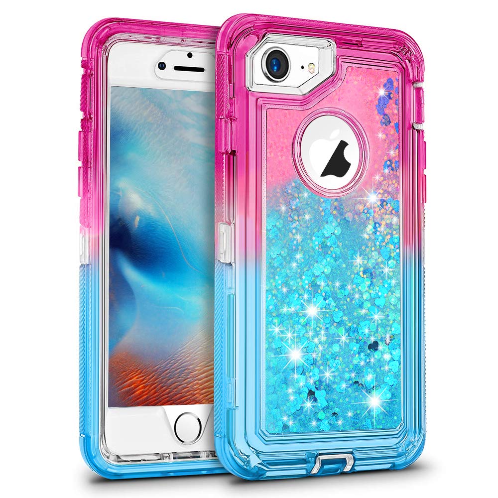 MAXCURY Case for iPhone SE 2022 (3rd Gen) & SE Case 2020 2nd, iPhone 7/8 Defender Phone Case for Women, Girl's Bling Liquid Quicksand Heavy Duty Shockproof Cover for iPhone 6/6s (Pink/Blue)