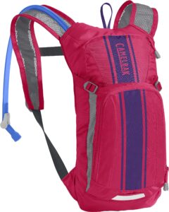 camelbak mini m.u.l.e. kids hydration backpack for hiking and biking - 50oz, hot pink/purple stripe