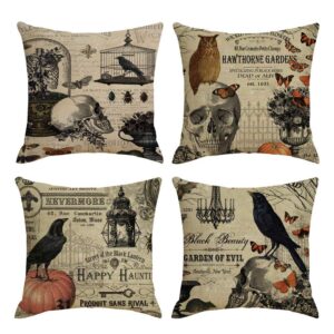 psdwets happly halloween decorations crow skull and pumpkin pillow covers set of 4 home decor cotton linen throw pillow covers cushion cover 18 x 18