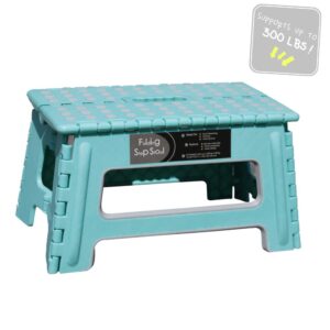 folding step stool - 9" height - holds up 300 lbs lightweight foldable stepping stool is sturdy enough to support adults & safe enough for kids. skid resistant and open with one hand