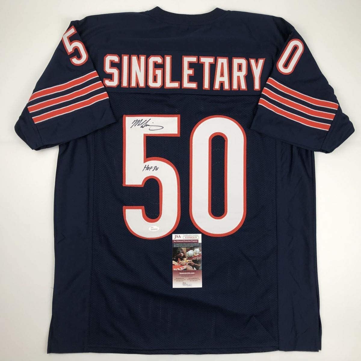 Autographed/Signed Mike Singletary HOF 98 Chicago Blue Football Jersey JSA COA