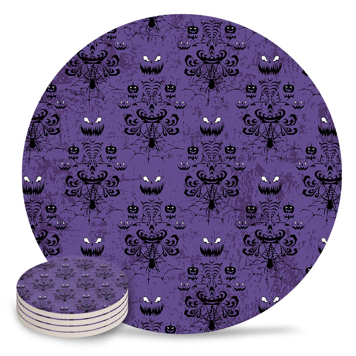 Drink Coasters Halloween Haunted Mansion Design Absorbent Stone Ceramic Coaster with Cork Back for Kinds of Mugs and Cups, Gohst Grimace, Set of 4-Piece