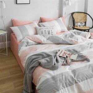 HighBuy Stripe Duvet Cover Queen Bedding Sets Kids Comforter Duvet Cover Grey White Pink Cotton Bedding Sets Queen Comforter Cover with Zipper Kids Duvet Cover Set for Boys Teens