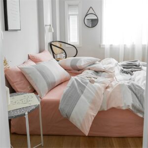 HighBuy Stripe Duvet Cover Queen Bedding Sets Kids Comforter Duvet Cover Grey White Pink Cotton Bedding Sets Queen Comforter Cover with Zipper Kids Duvet Cover Set for Boys Teens