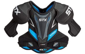 stx ice hockey surgeon rx3.1 junior shoulder pad, large,white/blue