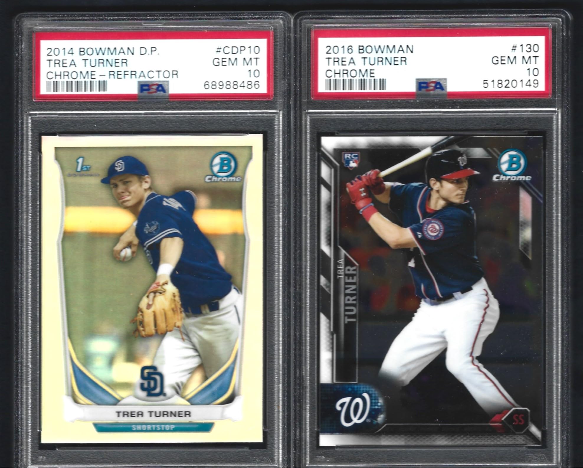 PSA 10 BOWMAN CHROME REFRACTOR & BOWMAN CHROME TREA TURNER 2 CARD ROOKIE BASEBALL LOT GRADED PSA GEM MNIT 10 SUPERSTAR PLAYER