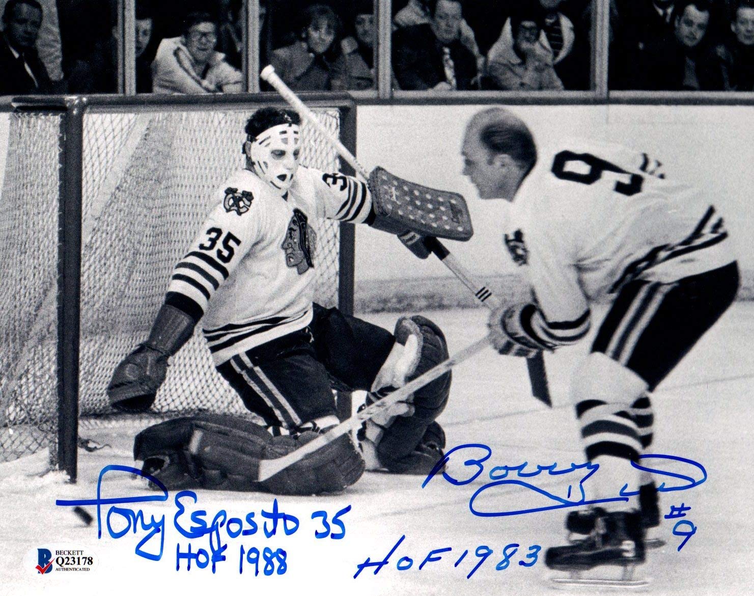 Beckett BAS Bobby Hull & Tony Esposito Dual Autographed Signed Chicago Blackhawks In-Action 8x10 Photo Photograph