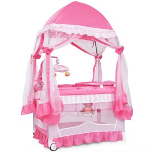 baby joy 4 in 1 pack and play with extended canopy, portable baby playard bedside sleeper with side zipper entrance, wheels & brake, baby girl pink bassinet crib from newborn to toddler