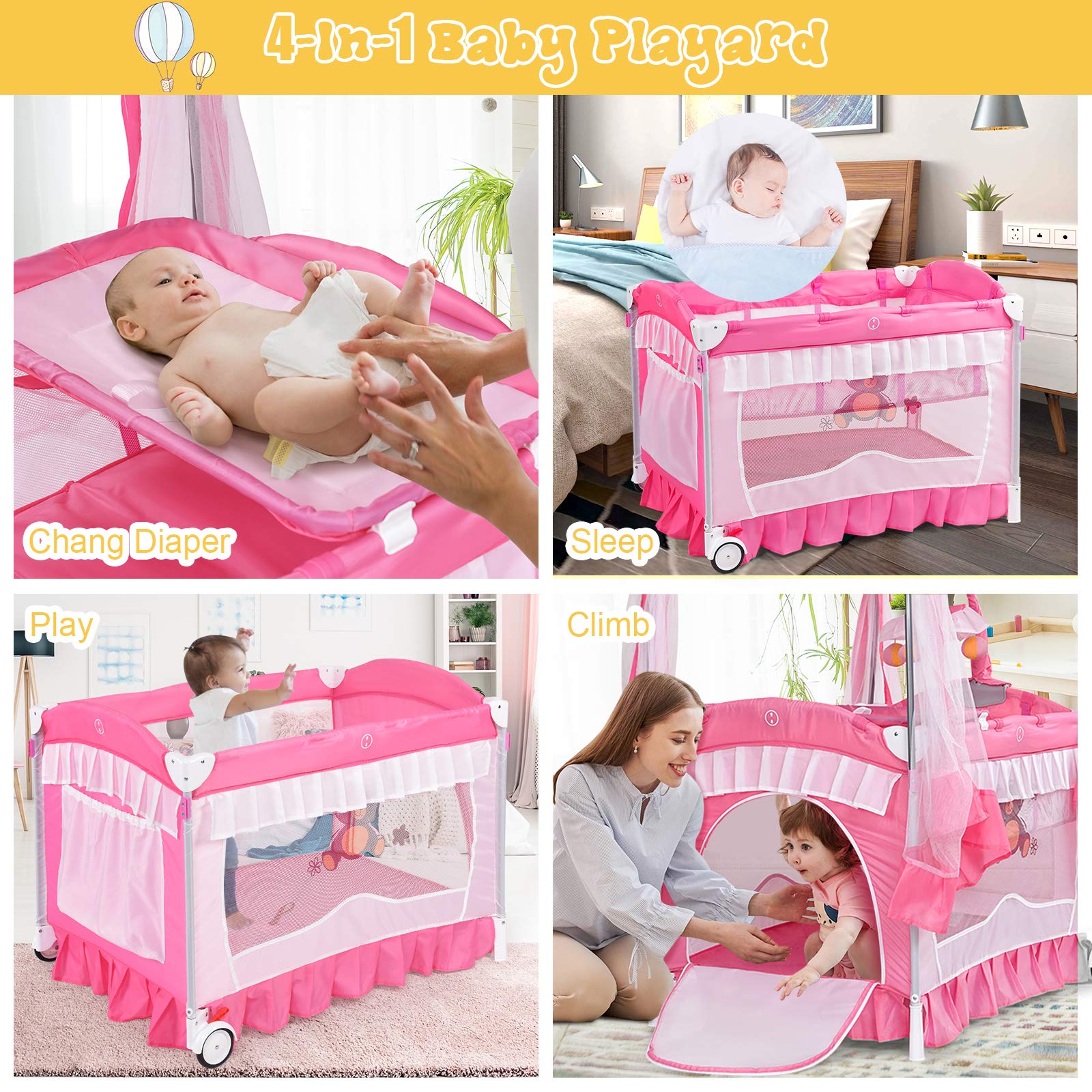 BABY JOY 4 in 1 Pack and Play with Extended Canopy, Portable Baby Playard Bedside Sleeper with Side Zipper Entrance, Wheels & Brake, Baby Girl Pink Bassinet Crib from Newborn to Toddler