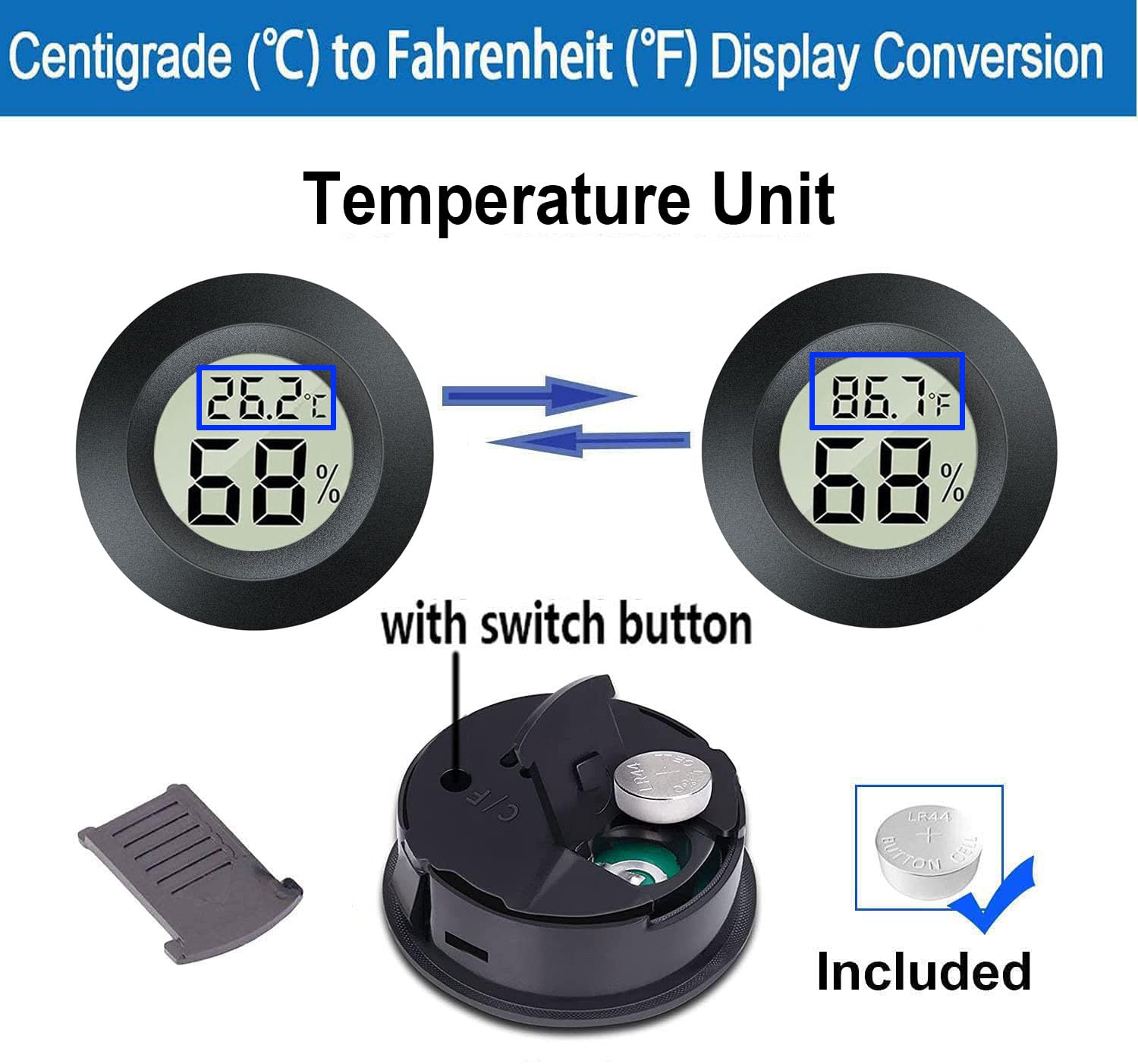 Meggsi 2 Pack Mini Digital Hygrometer Gauge Indoor Thermometer, LCD Monitor Temperature Outdoor Humidity Meter for Greenhouse Jars Incubators Guitar Case, Fahrenheit (℉) or Celsius(℃)