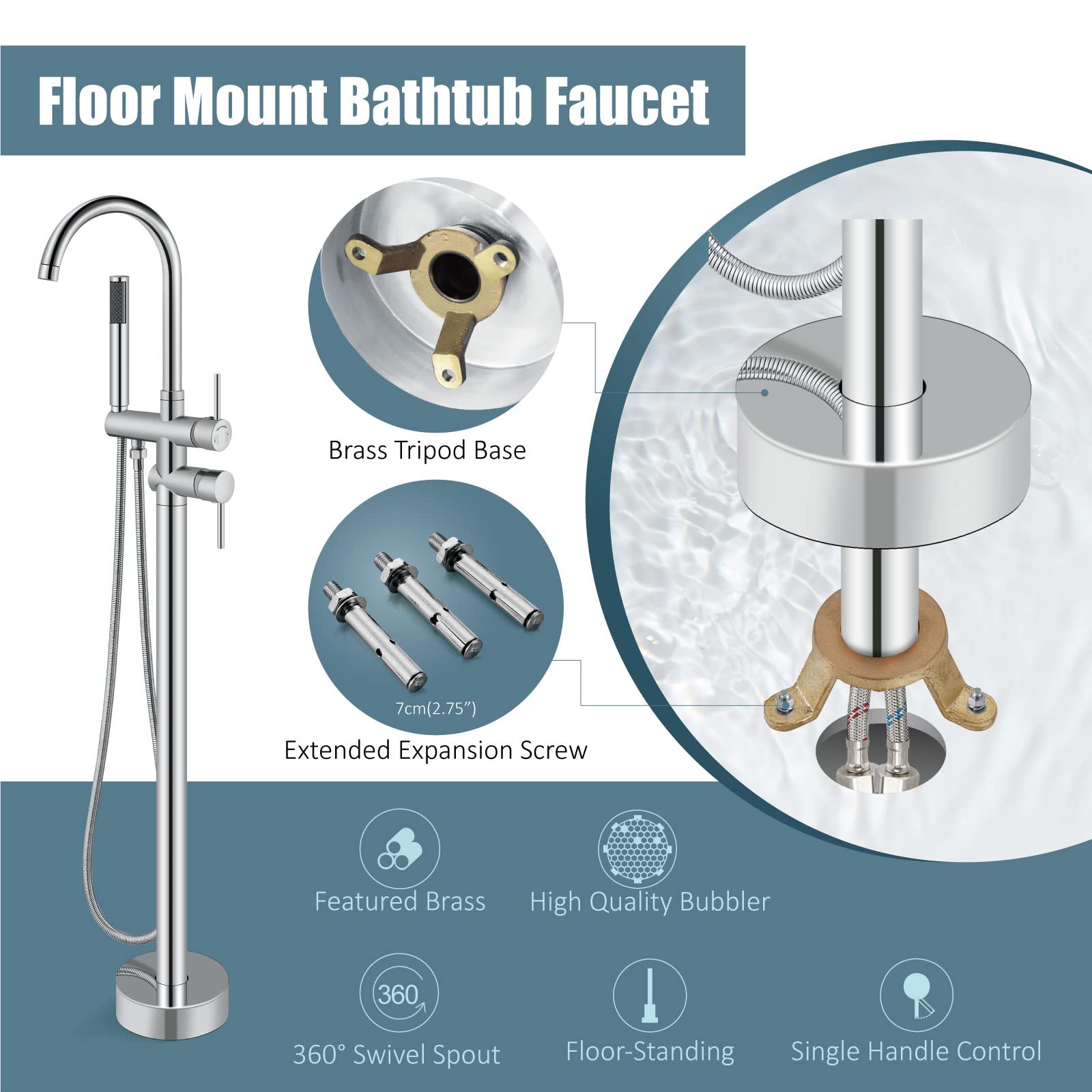 Aolemi Floor Mount Bathtub Faucet Freestanding Tub Filler Standing High Flow Shower Faucets Shower Mixer Taps, Swivel Gooseneck Spout with Cylinder Handheld Polish Chrome