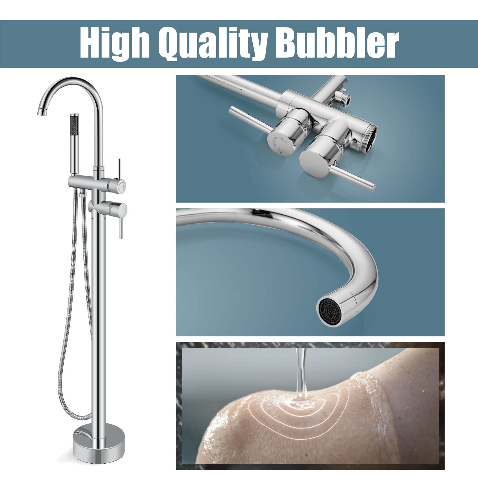 Aolemi Floor Mount Bathtub Faucet Freestanding Tub Filler Standing High Flow Shower Faucets Shower Mixer Taps, Swivel Gooseneck Spout with Cylinder Handheld Polish Chrome