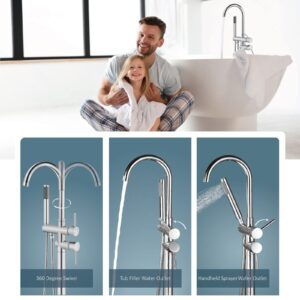 Aolemi Floor Mount Bathtub Faucet Freestanding Tub Filler Standing High Flow Shower Faucets Shower Mixer Taps, Swivel Gooseneck Spout with Cylinder Handheld Polish Chrome