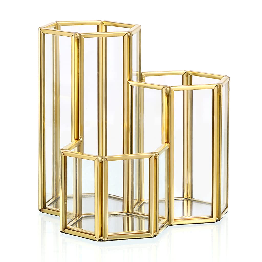 Hipiwe 3 Slots Glass Makeup Brush Holder - Gold Hexagon Cosmetics Brush Eyeliners Display Cup Home Decorative Makeup Organizer Desktop Pen/Pencil Pot Holder for Office