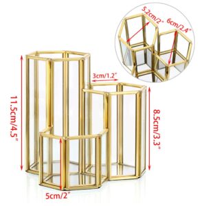 Hipiwe 3 Slots Glass Makeup Brush Holder - Gold Hexagon Cosmetics Brush Eyeliners Display Cup Home Decorative Makeup Organizer Desktop Pen/Pencil Pot Holder for Office