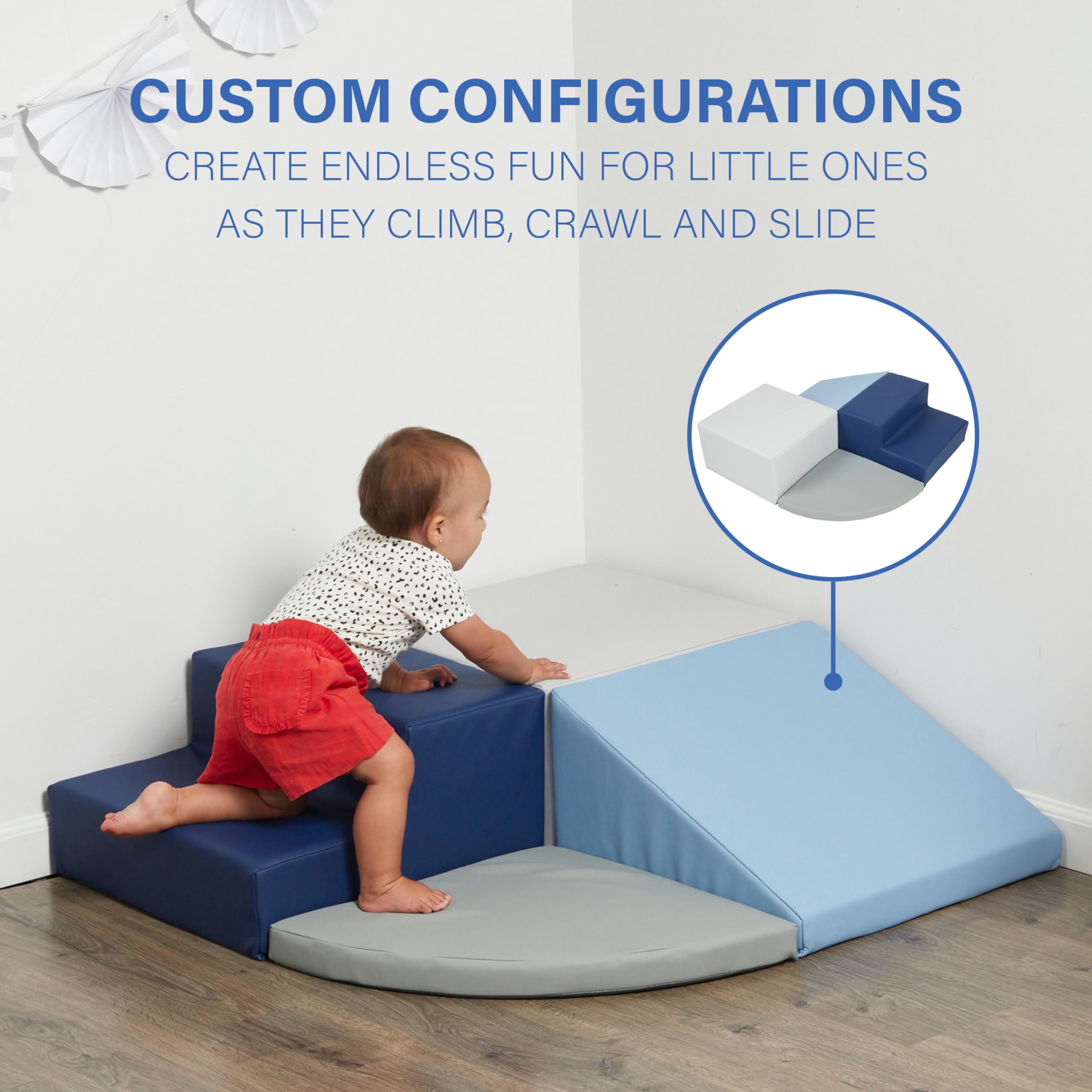 SoftScape Toddler Playtime Corner Climber, Indoor Active Play Structure for Toddlers and Kids, Safe Soft Foam for Crawling and Sliding (4-Piece Set) - Navy/Powder Blue, 11619-NVPB