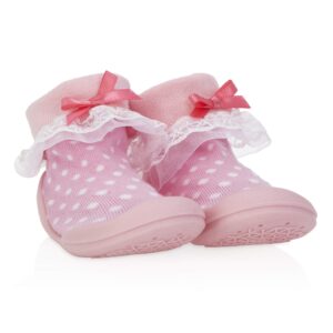 nuby snekz comfortable rubber sole sock shoes for first steps- pink polka dots/large 22-30 months