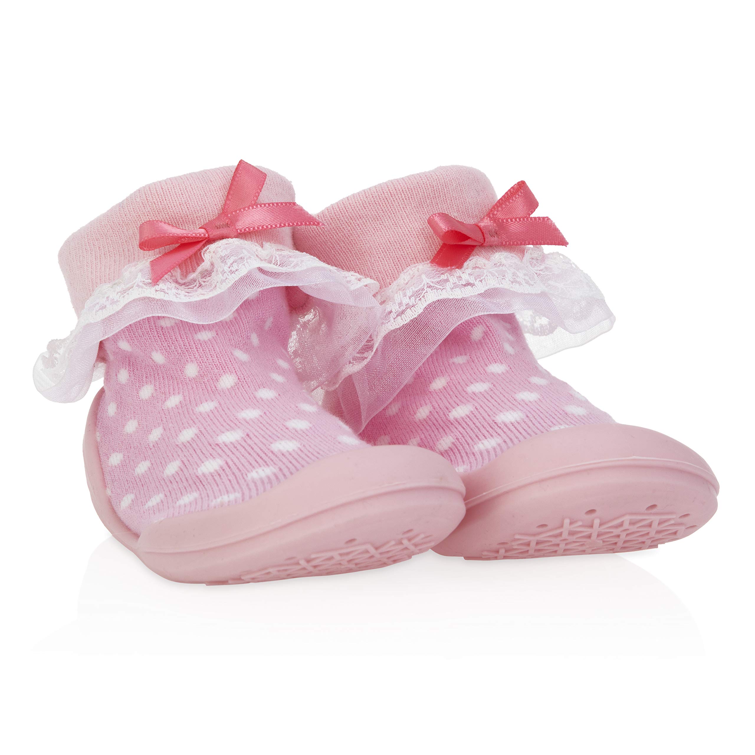 Nuby Snekz Comfortable Rubber Sole Sock Shoes for First Steps- Pink Polka Dots/Large 22-30 Months