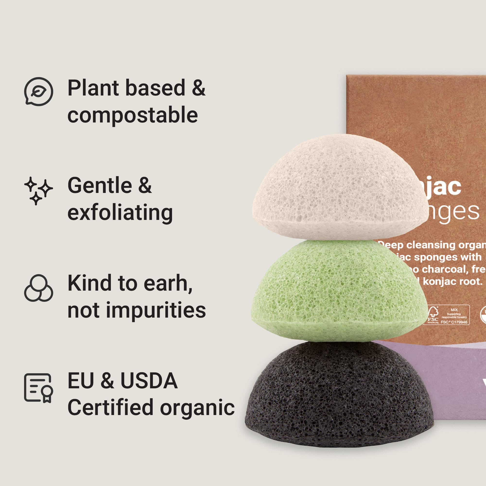 Vove | Premium Organic Konjac Sponge | 3 Pack | Biodegradable & Eco-Friendly | Charcoal & French Clay | Gentle Face Exfoliator | All Skin Types