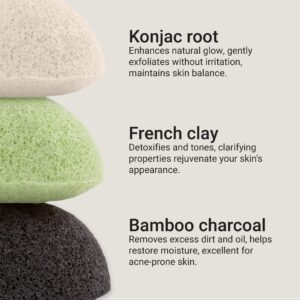 Vove | Premium Organic Konjac Sponge | 3 Pack | Biodegradable & Eco-Friendly | Charcoal & French Clay | Gentle Face Exfoliator | All Skin Types