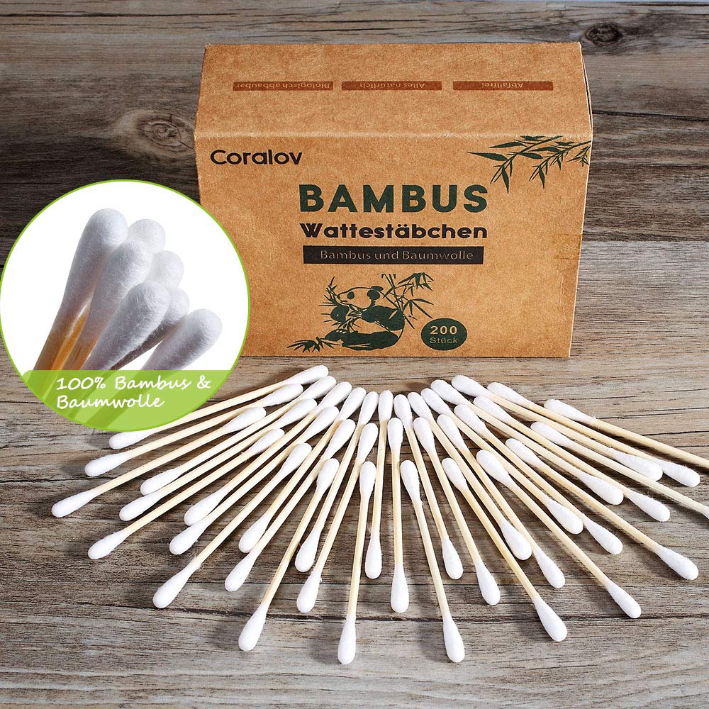 Bamboo Cotton Swabs 200pcs, Wooden Vegan Cotton Swab | Double Tipped Cotton Swabs, Recyclable & Biodegradable Cotton Swab Buds Ear Sticks for Makeup Ear Skin Jewelry Art Pet Cleaning