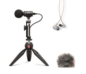 shure portable videography kit - professional recording rig with mv88+ iphone mic, manfrotto pixi tripod, phone clamp, mount, amv88-fur windjammer and se215 pro sound isolating earbuds (mv88+se215-cl)