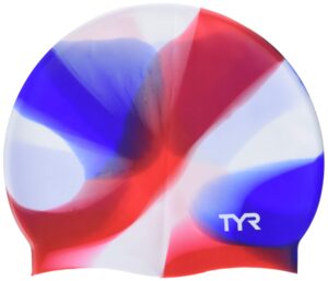 tyr junior tie dye swim cap, red/white/blue