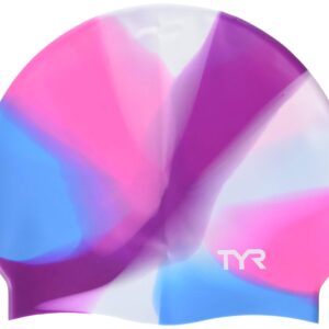 TYR Tie Dye Silicone Swim Cap Youth, Pink Purple Blue, NA