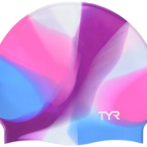 TYR Tie Dye Silicone Swim Cap Youth, Pink Purple Blue, NA