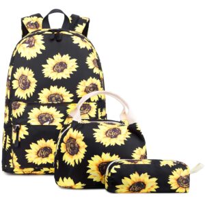 abshoo lightweight water resistant sunflower backpacks for teen girls school backpack with lunch bag (sunflower black set)