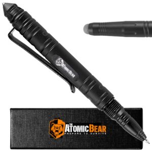 the atomic bear defender pen with stylus - tactical pen for self defense – emergency window breaker – ballpoint edc pens for tactical gear – 2 black & 1 blue ink cartridges