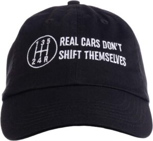 ann arbor t-shirt co. real cars don't shift themselves | funny auto racing mechanic manual baseball cap dad hat black