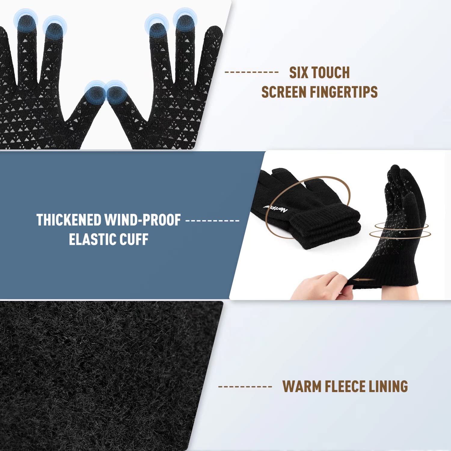 Winter 1-3 PCS Beanie Hat Gloves Scarf For Men And Women, Knit Thick Fleece Lined Warm Touchscreen Gloves Beanie Infitiny Scarf Set (Gloves&Beanie&Scarf Black White)