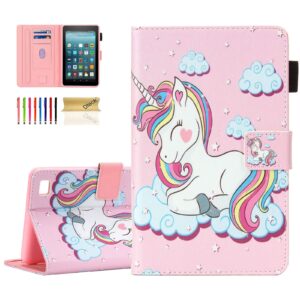 Dteck Case for Fire 7 Tablet (9th/7th/5th Generation, 2019 2017 2015) - Magnetic Folio Cute Case with [Auto Sleep Wake/Adjustable Viewing Stand] Protective Leather Kids Girly Cover (Smile Unicorn)