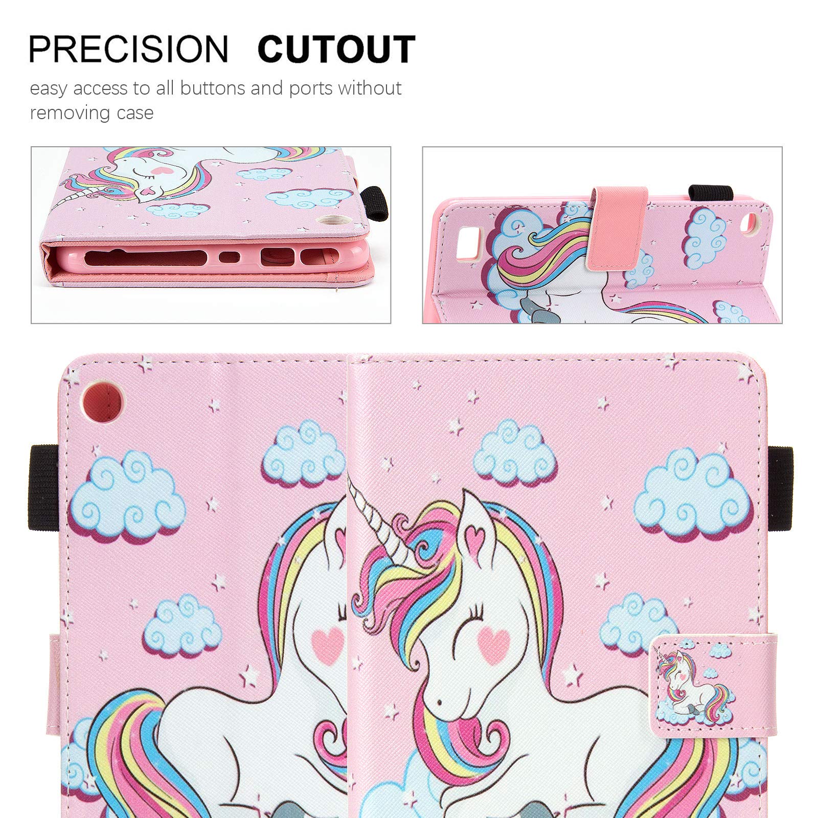 Dteck Case for Fire 7 Tablet (9th/7th/5th Generation, 2019 2017 2015) - Magnetic Folio Cute Case with [Auto Sleep Wake/Adjustable Viewing Stand] Protective Leather Kids Girly Cover (Smile Unicorn)