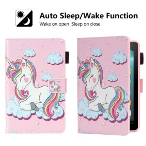 Dteck Case for Fire 7 Tablet (9th/7th/5th Generation, 2019 2017 2015) - Magnetic Folio Cute Case with [Auto Sleep Wake/Adjustable Viewing Stand] Protective Leather Kids Girly Cover (Smile Unicorn)